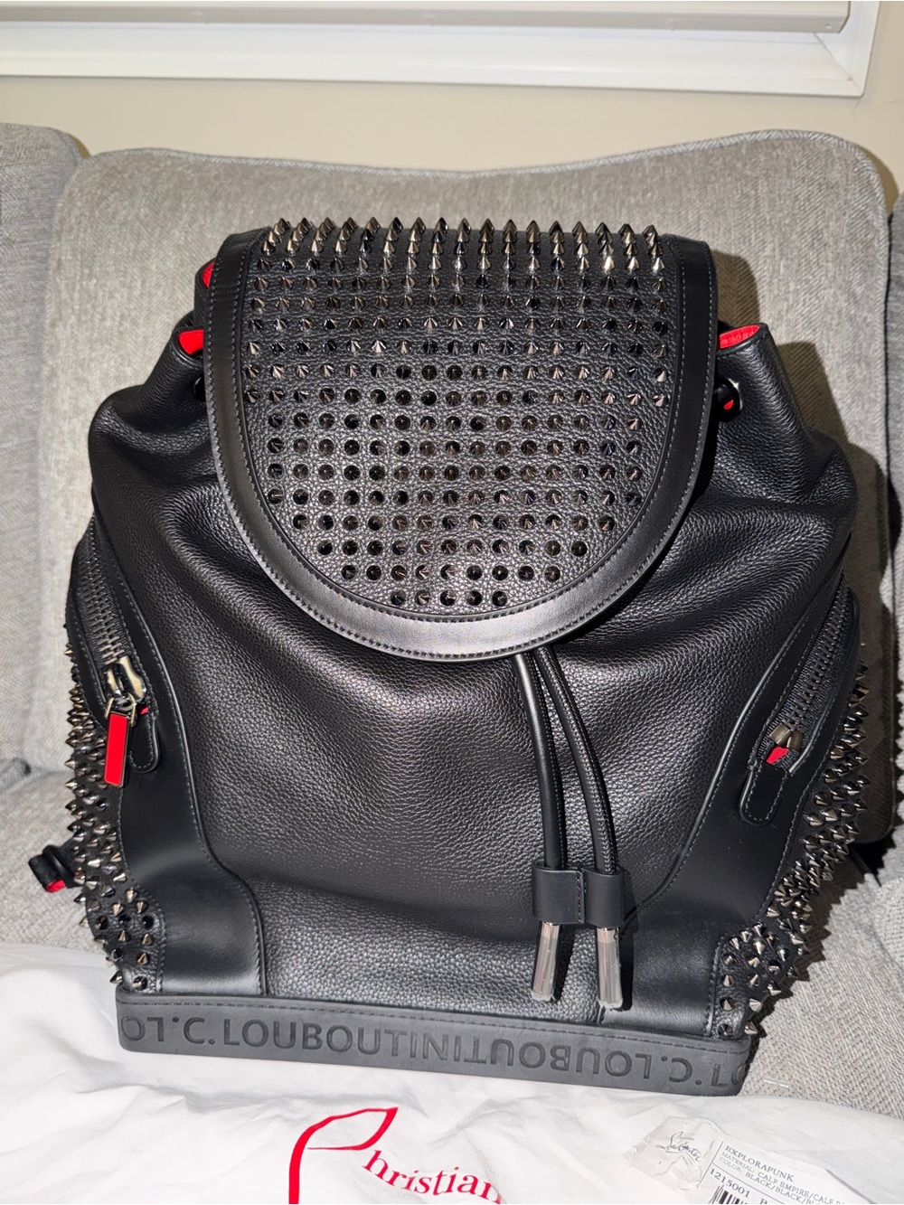 Christian Louboutin Black Leather Studded Backpack with Red Accents